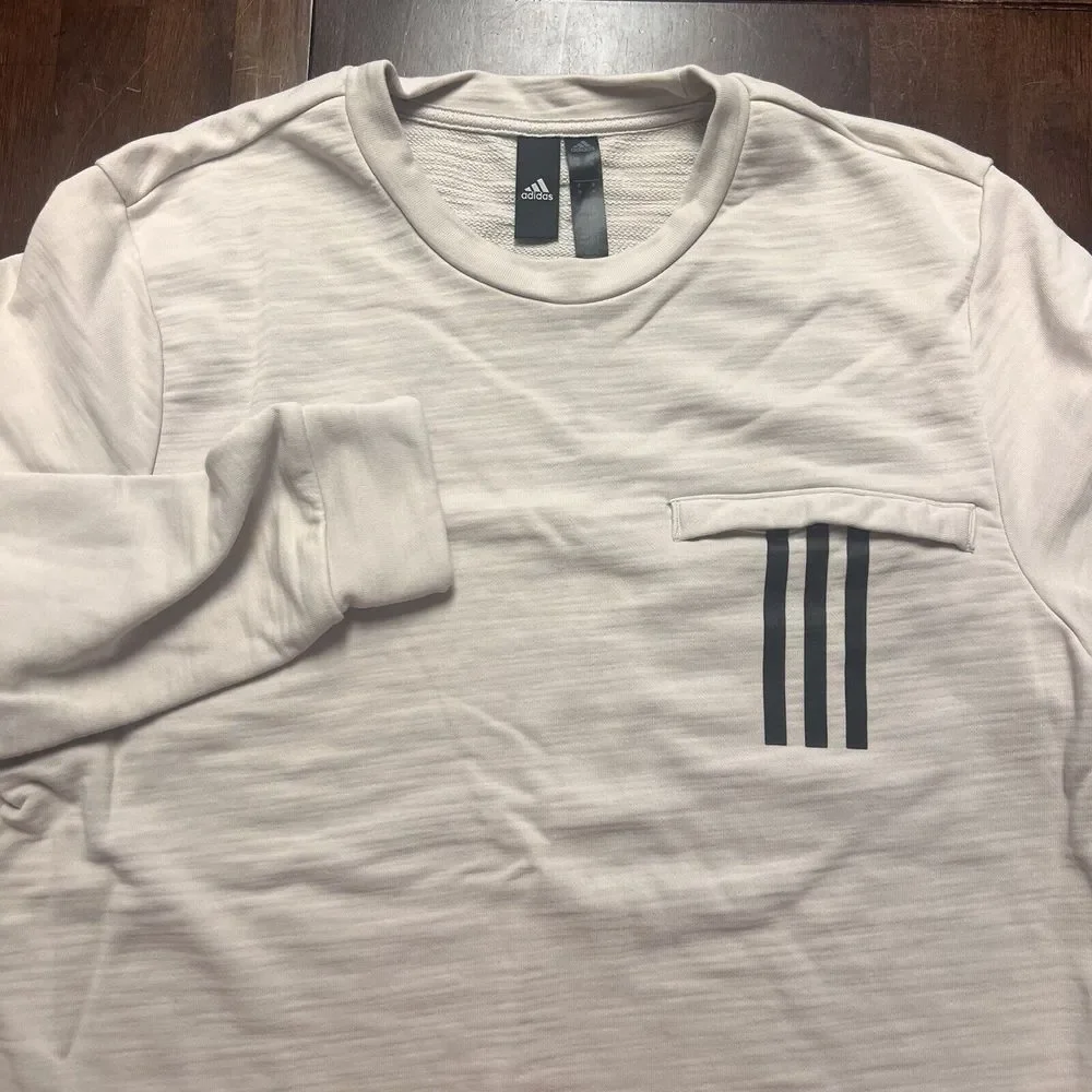 Adidas Sweatshirt Mens Medium Beige Embroidered Logo Pullover Terry Cloth Fleece
